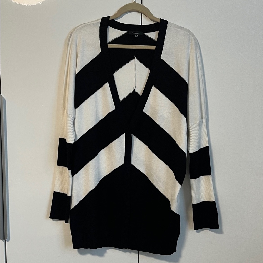 VERVE AMI Black and White Chevron Long Cardigan Tapered Sleeve, Size L
